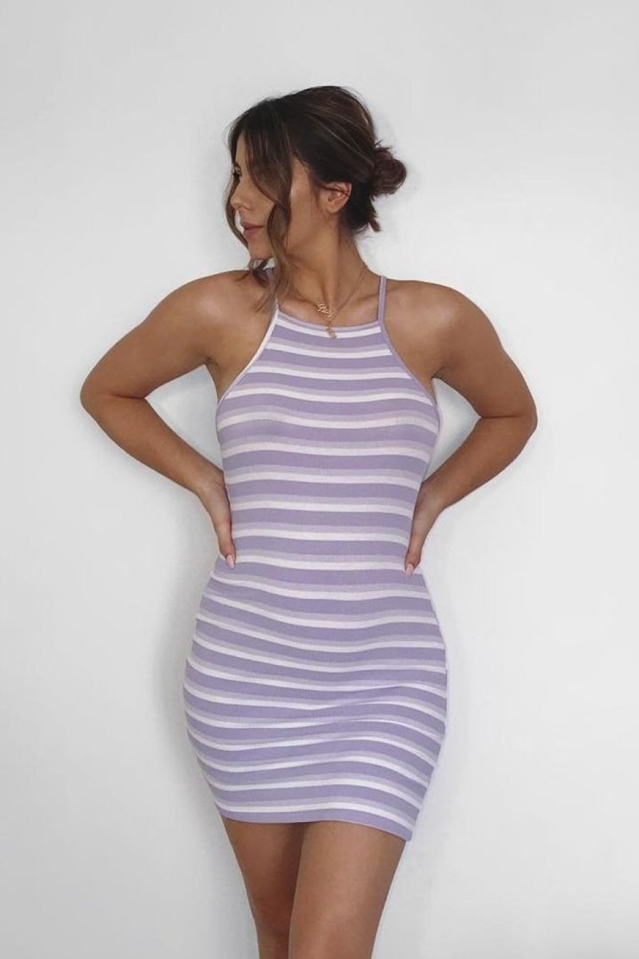 Clothing Rebellious Fashion | Lilac Stripe Racer Back Bodycon Dress - Maye