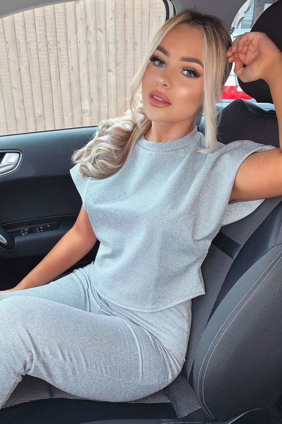 Clothing Rebellious Fashion | Grey Glitter Crop Top Trouser Co-Ord - Evamarie