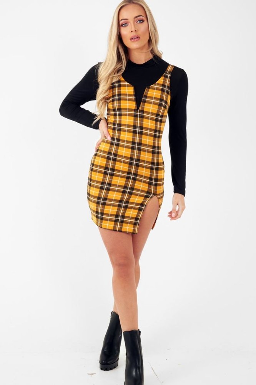 Clothing Rebellious Fashion | Mustard Tartan Plunge Neck Mini Dress - Irisa