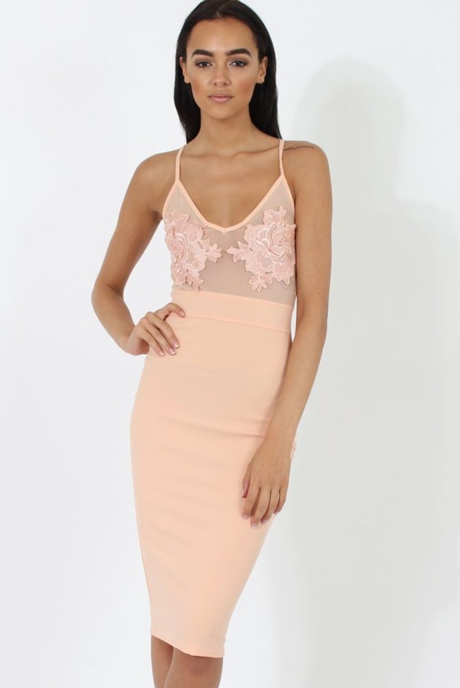 Clothing Rebellious Fashion | Peach Applique Mesh Bodycon Dress - Tallulah