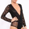 Clothing Rebellious Fashion | Black Plunge Keyhole Back Lace Bodysuit - Adelaide