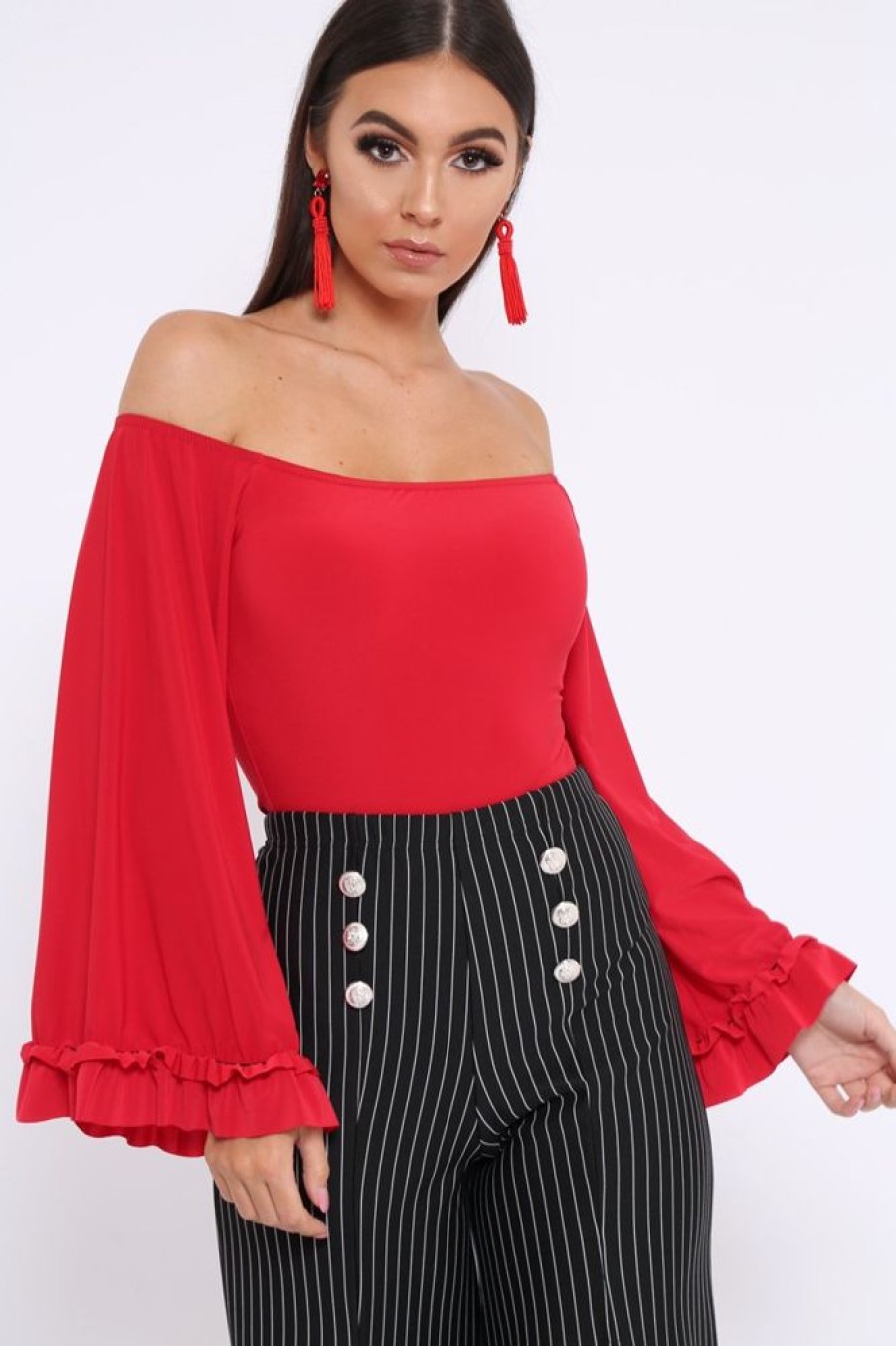 Clothing Rebellious Fashion | Red Bardot Frill Flare Sleeve Bodysuit - Sofiya