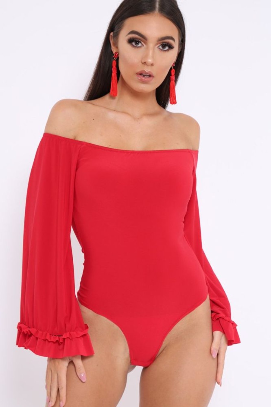 Clothing Rebellious Fashion | Red Bardot Frill Flare Sleeve Bodysuit - Sofiya