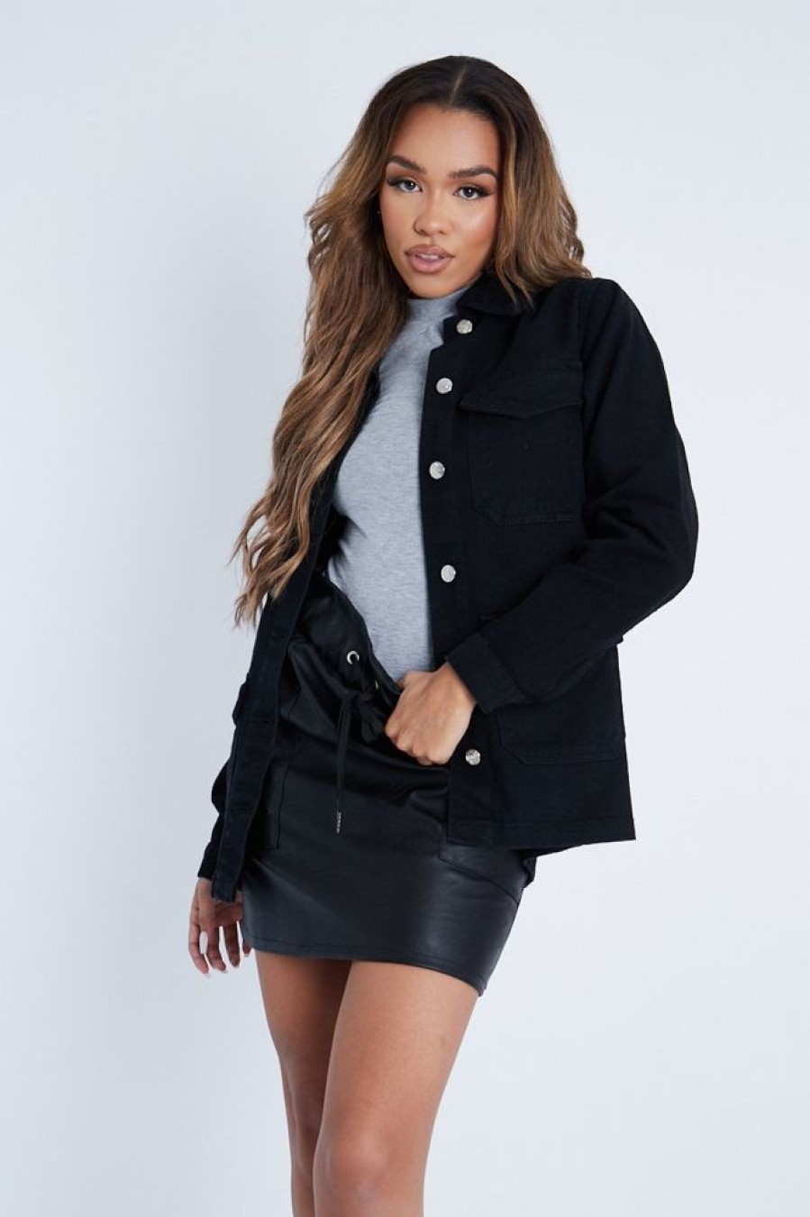 Clothing Rebellious Fashion | Black Front Pocket Full Length Denim Jacket - Jenna