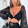 Clothing Rebellious Fashion | Black Lace Puff Sleeve Tie Front Crop Blouse - Nishka