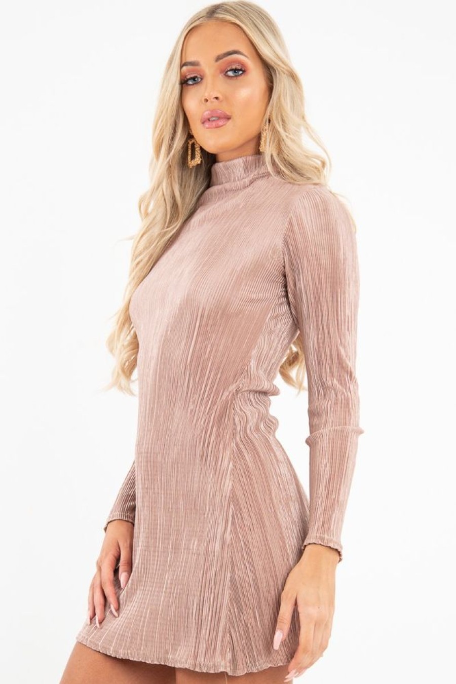 Clothing Rebellious Fashion | Mocha Plisse High Neck Mini Dress - Marieta