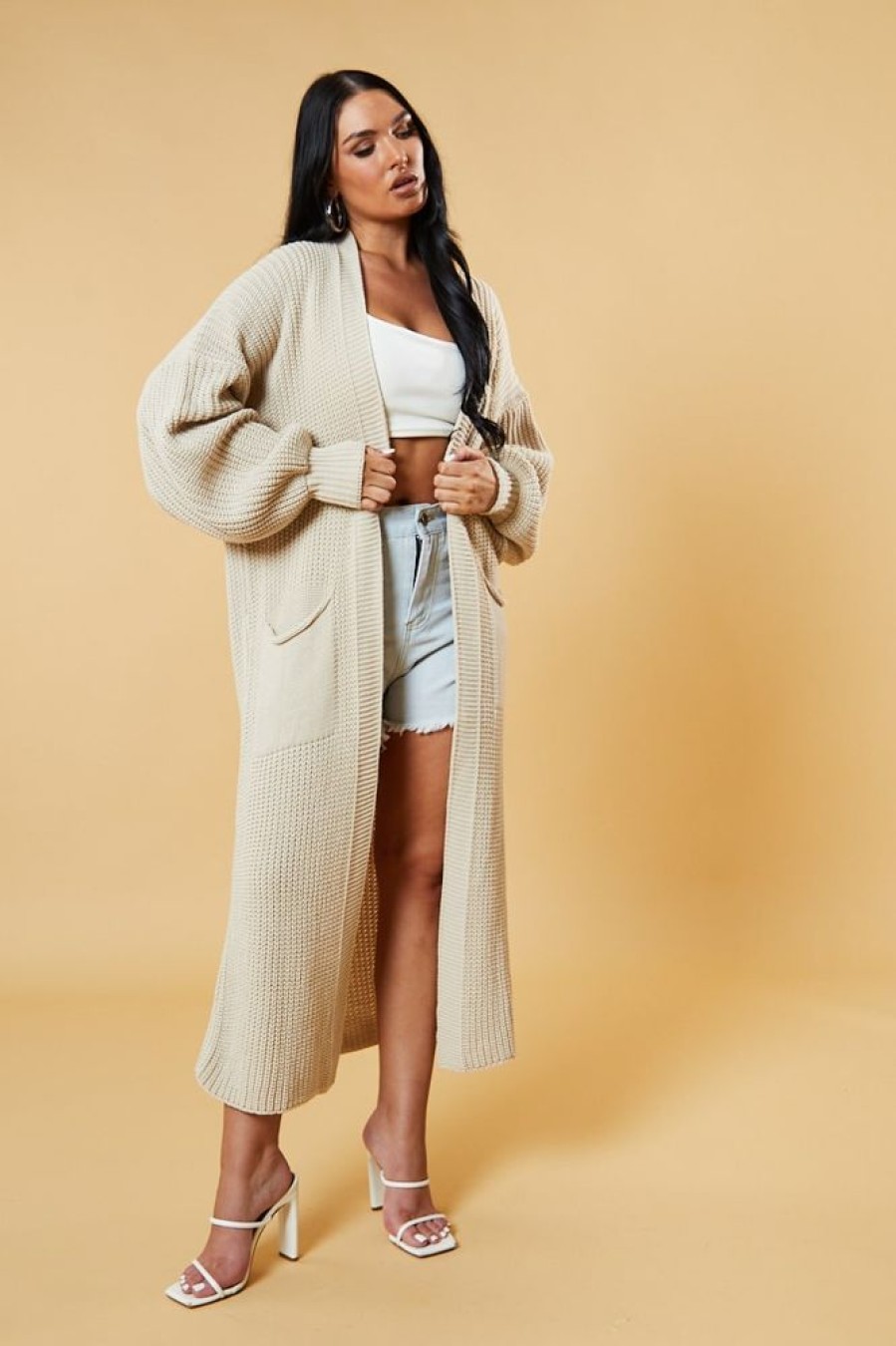 Clothing Rebellious Fashion | Beige Longline Knit Maxi Cardigan - Ema