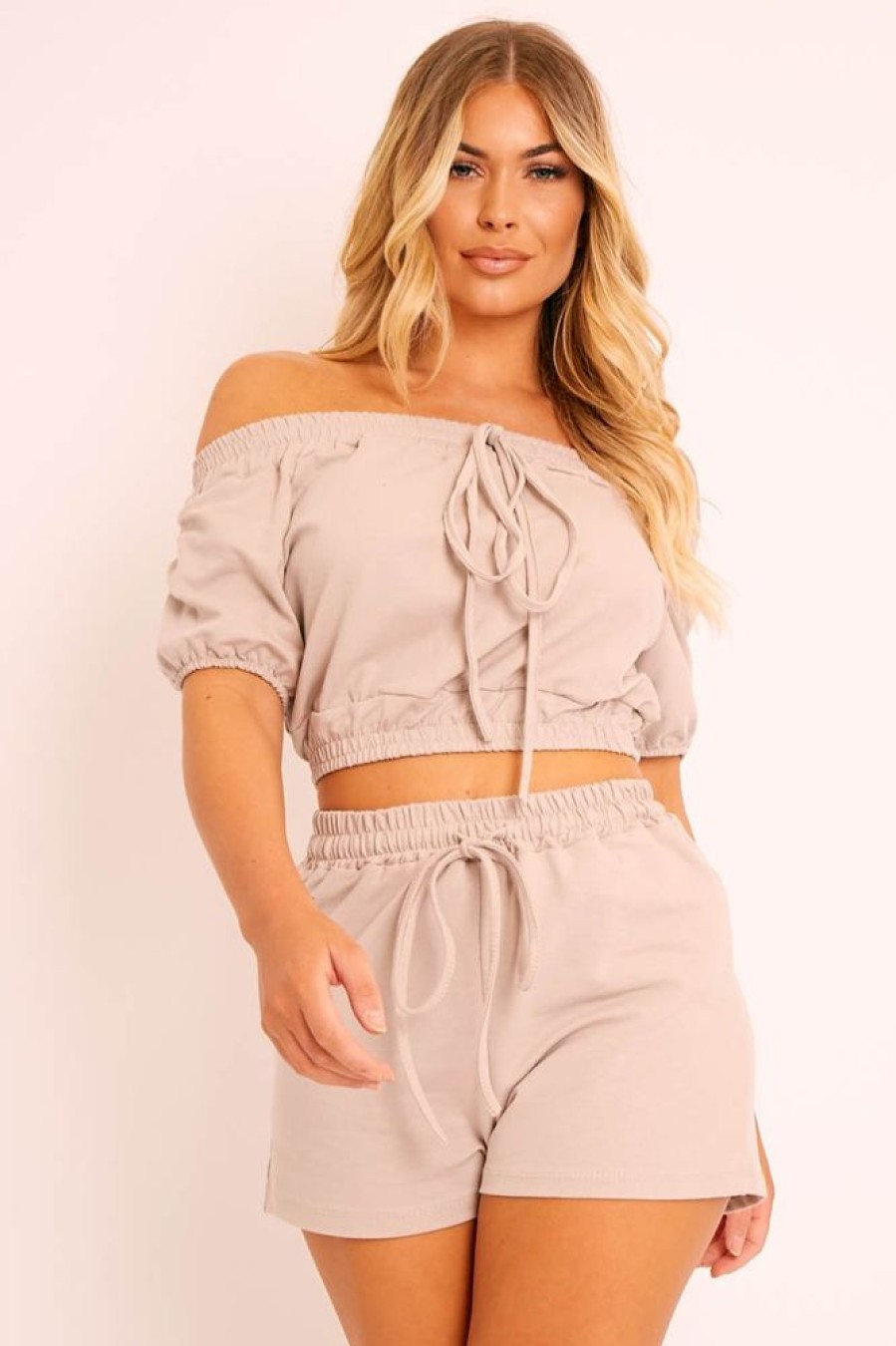 Clothing Rebellious Fashion | Beige Bardot Crop And Shorts Loungewear Co-Ord - Jahari