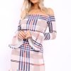 Clothing Rebellious Fashion | Beige Check Bardot Frill Dress - Eleonor