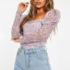 Clothing Rebellious Fashion | Lilac Floral Puff Sleeve Bodysuit - Deana