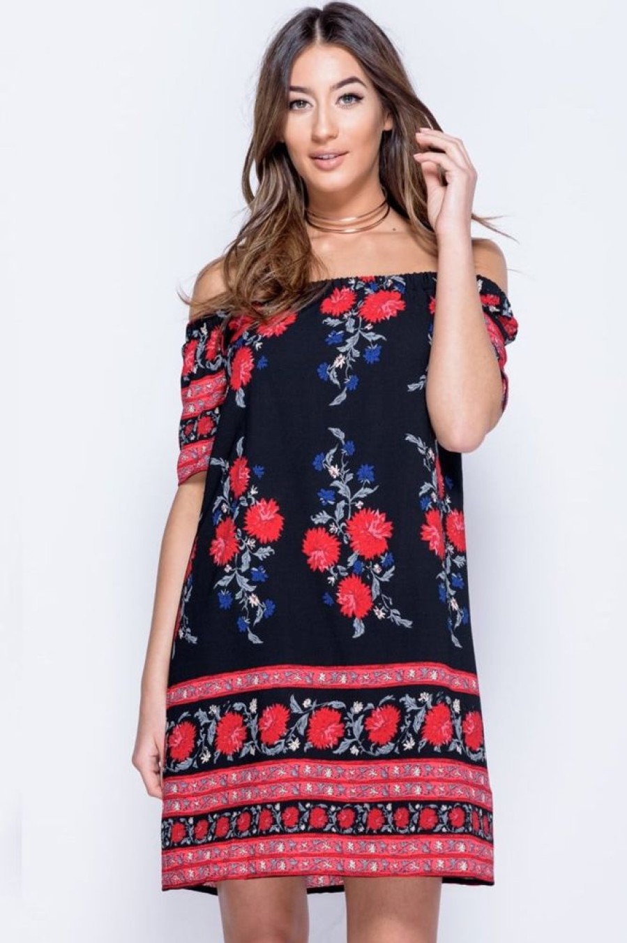 Clothing Rebellious Fashion | Black Floral Bardot Dress - Tamia