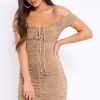 Clothing Rebellious Fashion | Camel Ruched Slinky Lace Up Dress - Rosina