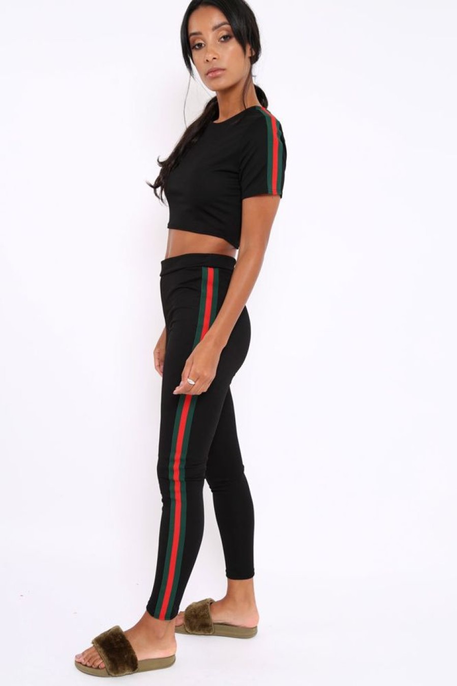 Clothing Rebellious Fashion | Black With Green And Red Side Stripe Set- Elissa