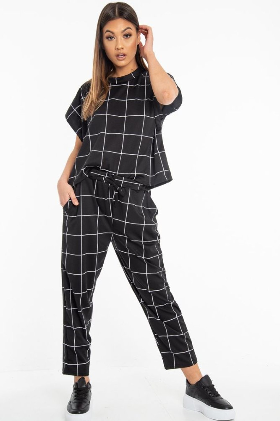 Clothing Rebellious Fashion | Black Check Short Sleeve Top And Jogger Set - Aimy