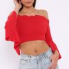 Clothing Rebellious Fashion | Red Bardot Frill Crop Top With Flared Sleeves - Tiffy