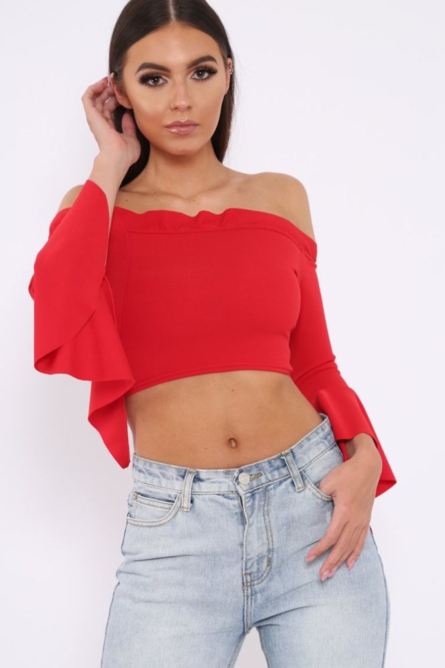 Clothing Rebellious Fashion | Red Bardot Frill Crop Top With Flared Sleeves - Tiffy