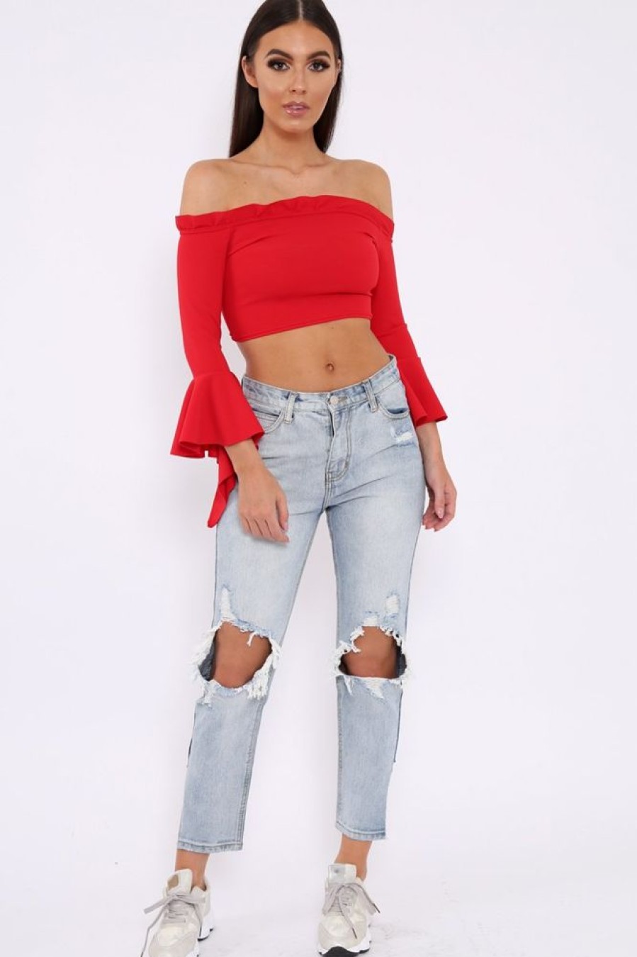 Clothing Rebellious Fashion | Red Bardot Frill Crop Top With Flared Sleeves - Tiffy