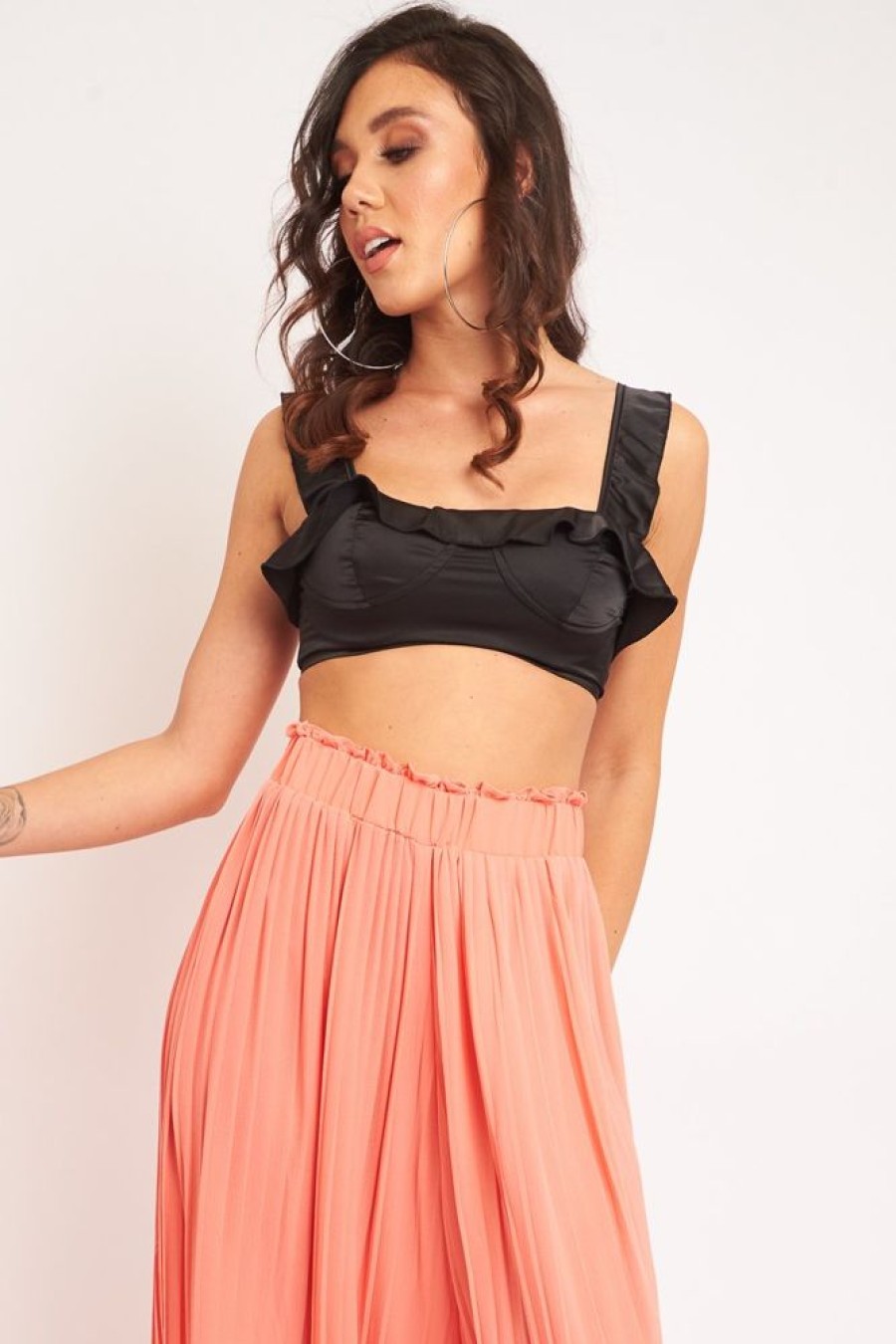 Clothing Rebellious Fashion | Black Satin Frill Detail Cup Style Crop Top - Elani