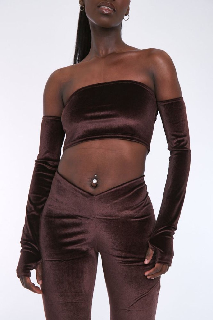 Clothing Rebellious Fashion | Chocolate Velvet Thumb Hole Bardot Crop Top - Josie