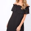 Clothing Rebellious Fashion | Black Crinkle Bardot Ruffle Trim Dress - Kelsey