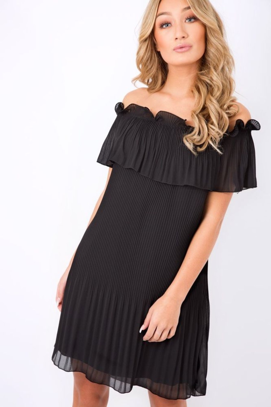 Clothing Rebellious Fashion | Black Crinkle Bardot Ruffle Trim Dress - Kelsey