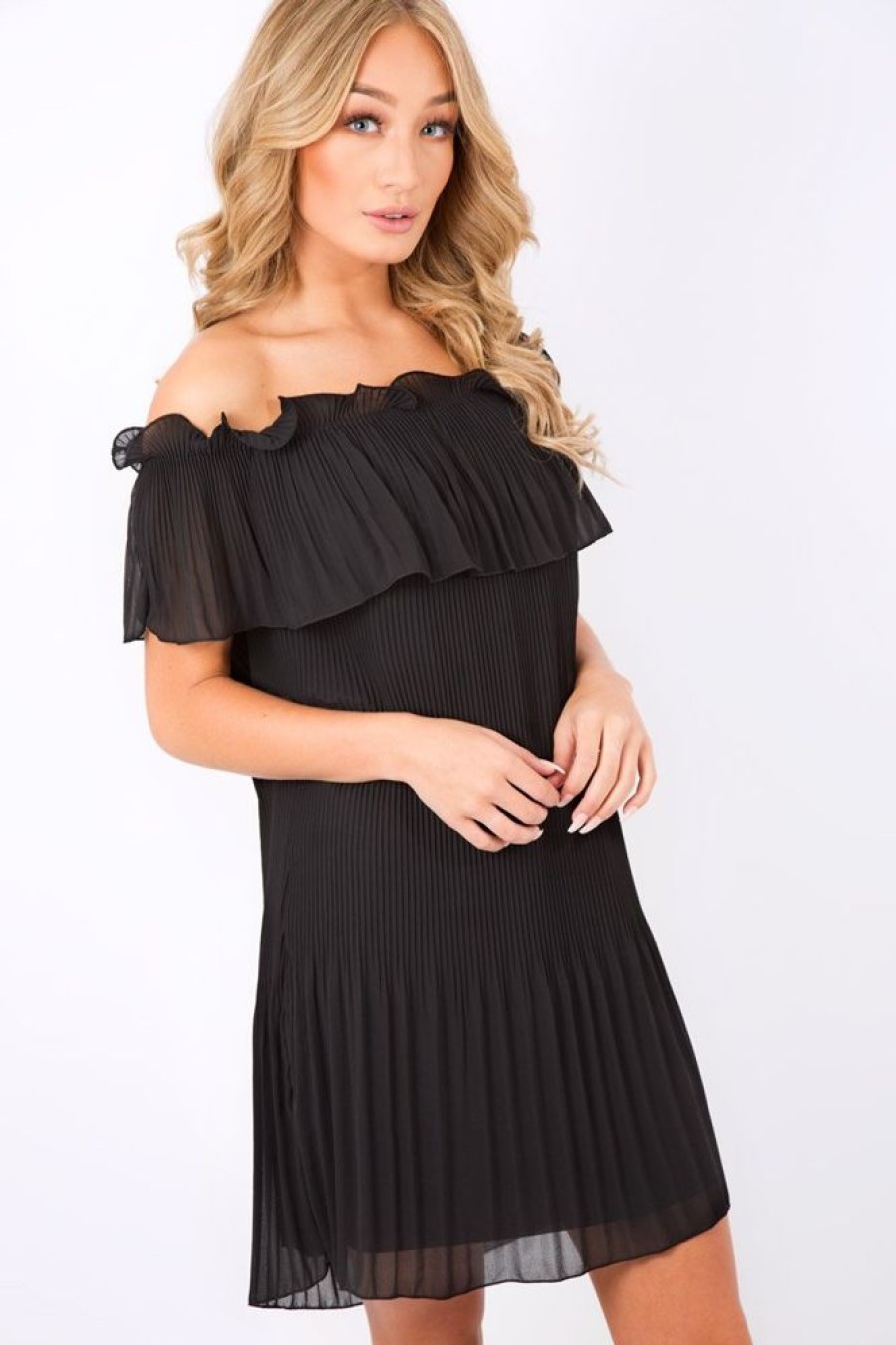 Clothing Rebellious Fashion | Black Crinkle Bardot Ruffle Trim Dress - Kelsey