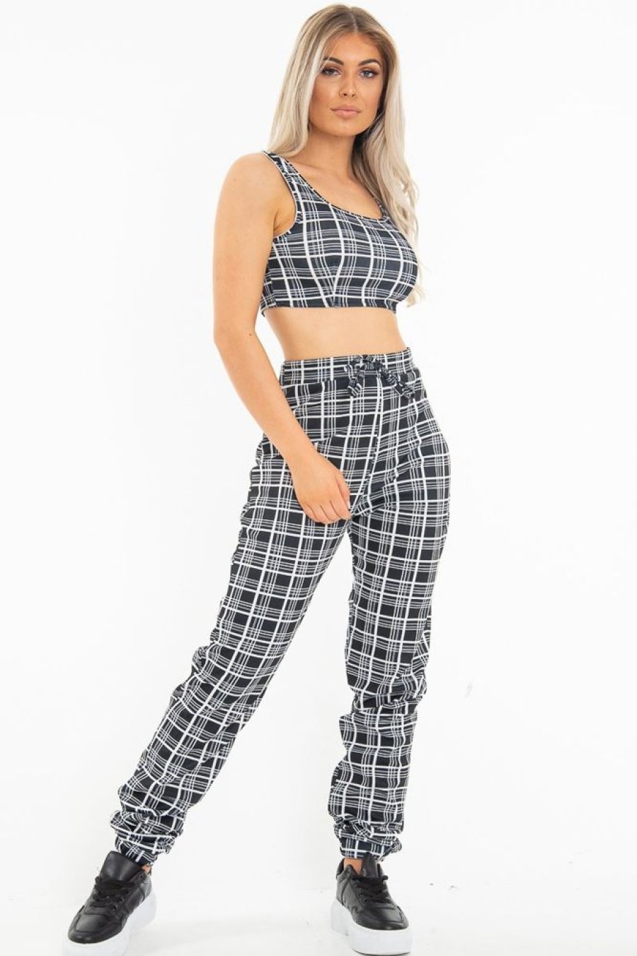 Clothing Rebellious Fashion | Black White Check Crop Top Trouser Co-Ord - Lynda