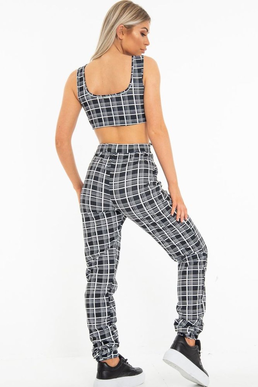 Clothing Rebellious Fashion | Black White Check Crop Top Trouser Co-Ord - Lynda