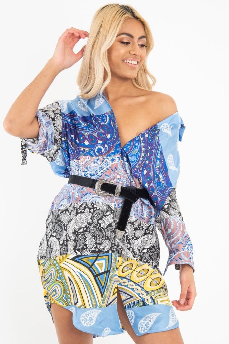 Clothing Rebellious Fashion | Blue Paisley Satin Midi Shirt Dress - Ilsa