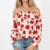 Clothing Rebellious Fashion | White And Red Floral Bardot Three Quarter Bell Sleeve Crop- Chantelle