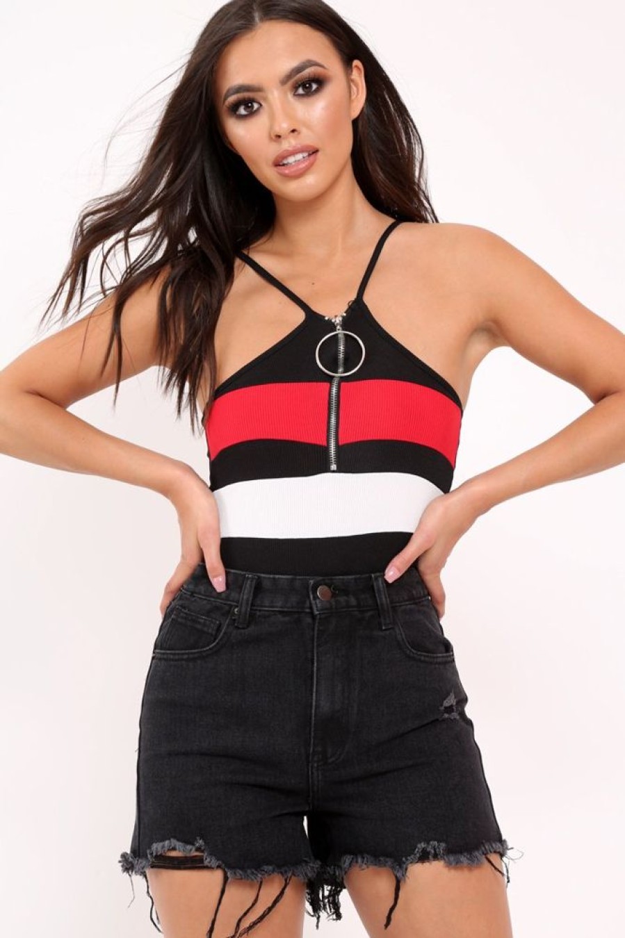 Clothing Rebellious Fashion | Black And Red Ribbed Ring Zip Front Bodysuit - Carmella