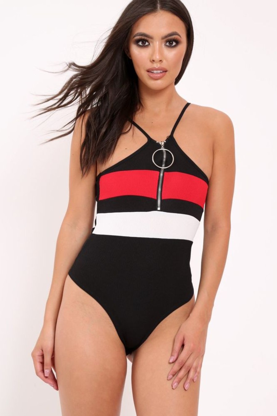 Clothing Rebellious Fashion | Black And Red Ribbed Ring Zip Front Bodysuit - Carmella