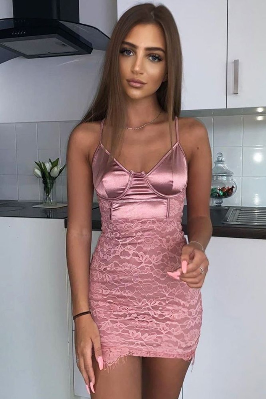 Clothing Rebellious Fashion | Pink Satin Lace Insert Bodycon Mini Dress - Cashlyn