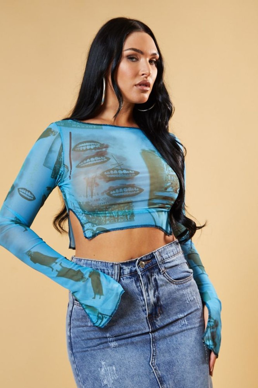 Clothing Rebellious Fashion | Blue Abstract Print Mesh Cropped Top - Cucu