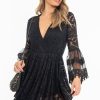 Clothing Rebellious Fashion | Black Lace Plunge Wrap Bell Sleeve Mini Dress - Kristina