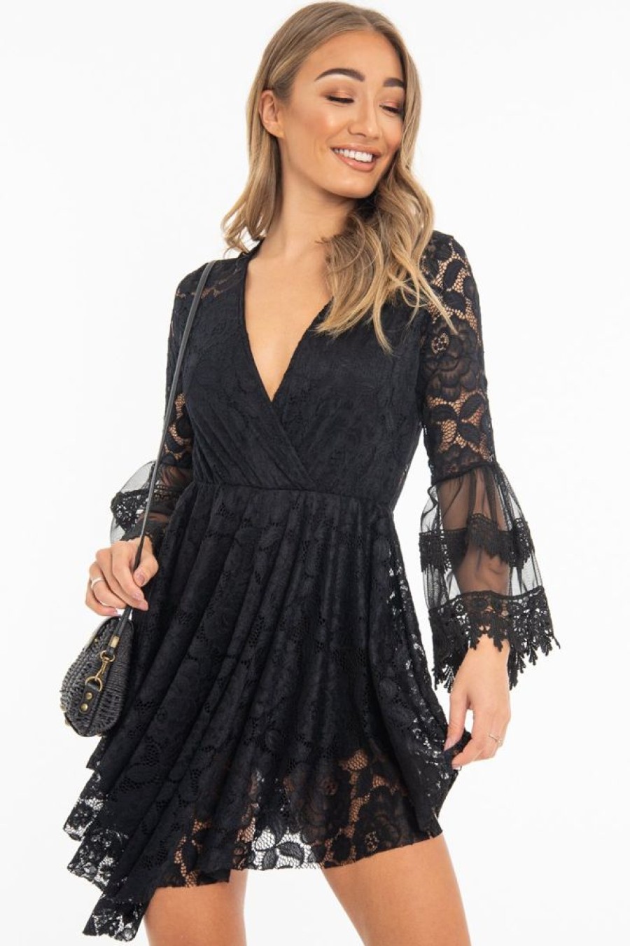 Clothing Rebellious Fashion | Black Lace Plunge Wrap Bell Sleeve Mini Dress - Kristina