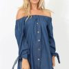 Clothing Rebellious Fashion | Dark Denim Buttoned Bardot Dress - Adeline