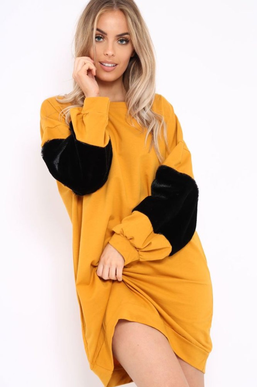 Clothing Rebellious Fashion | Mustard Jumper Dress With Fur Sleeves - Paris