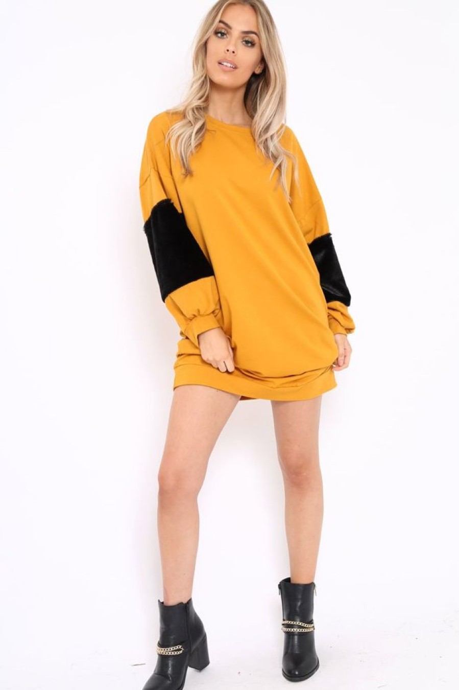 Clothing Rebellious Fashion | Mustard Jumper Dress With Fur Sleeves - Paris