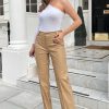 Clothing Rebellious Fashion | Beige Pleated Straight Leg Pu Leather Trousers - Jaymi