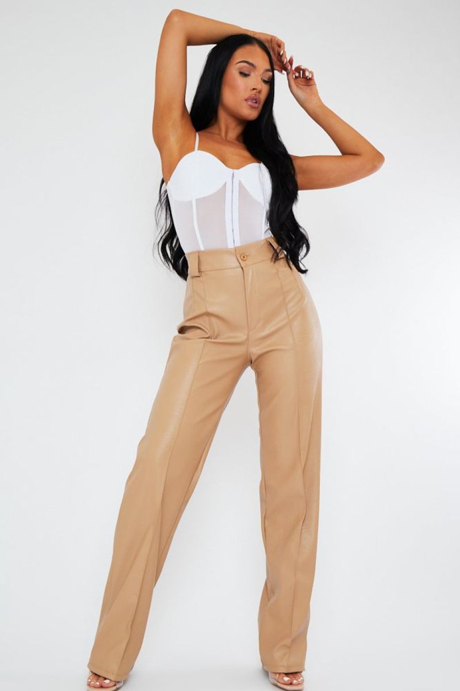 Clothing Rebellious Fashion | Beige Pleated Straight Leg Pu Leather Trousers - Jaymi