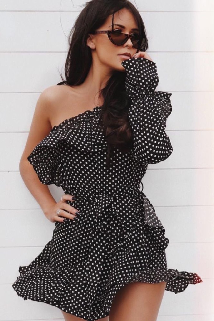 Clothing Rebellious Fashion | Black And White Polka Dot One Shoulder Frill Dress - Zyann