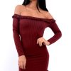 Clothing Rebellious Fashion | Wine Ruffle Hem Ribbed Bardot Mini Dress - Destiny