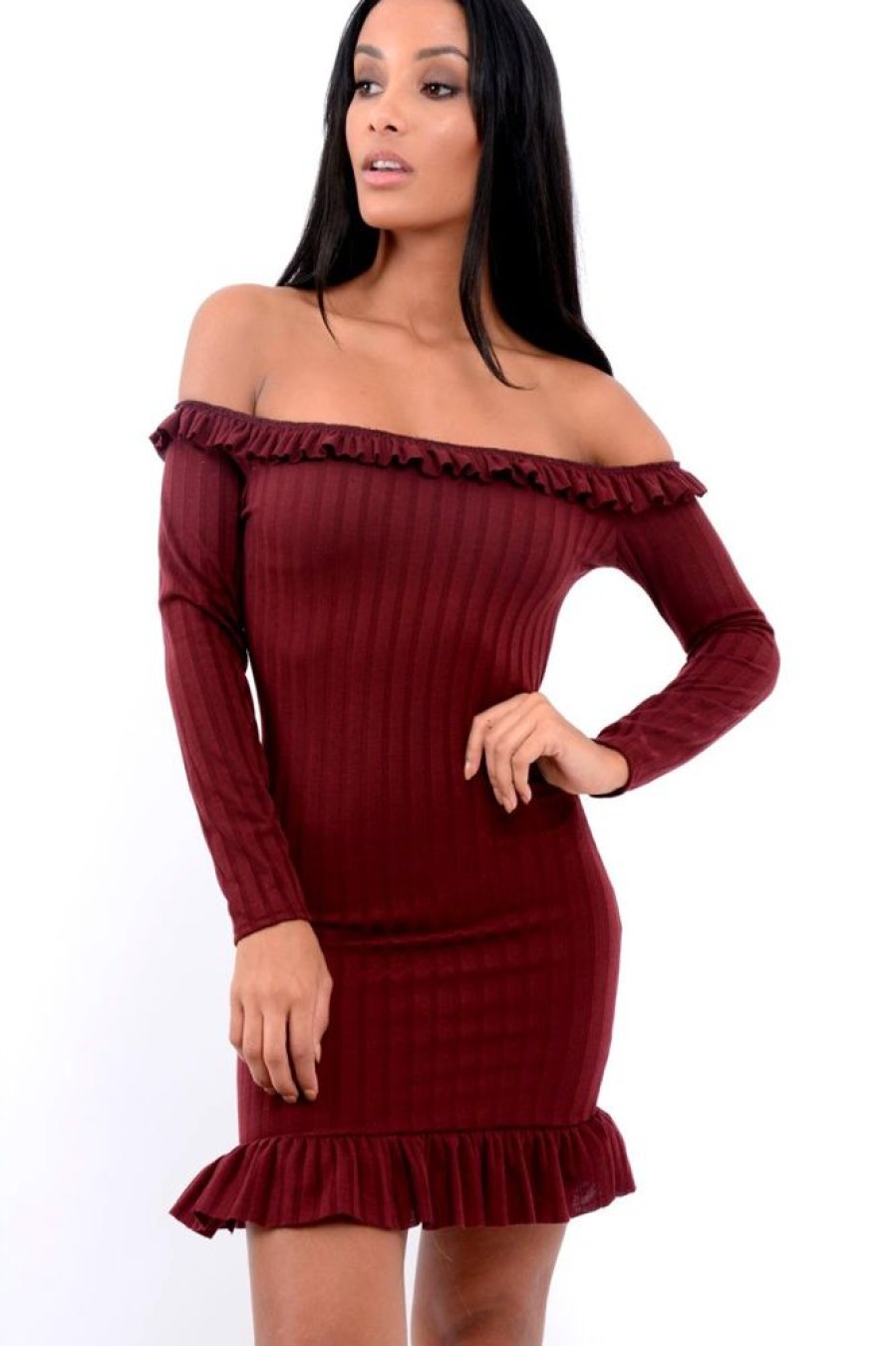 Clothing Rebellious Fashion | Wine Ruffle Hem Ribbed Bardot Mini Dress - Destiny