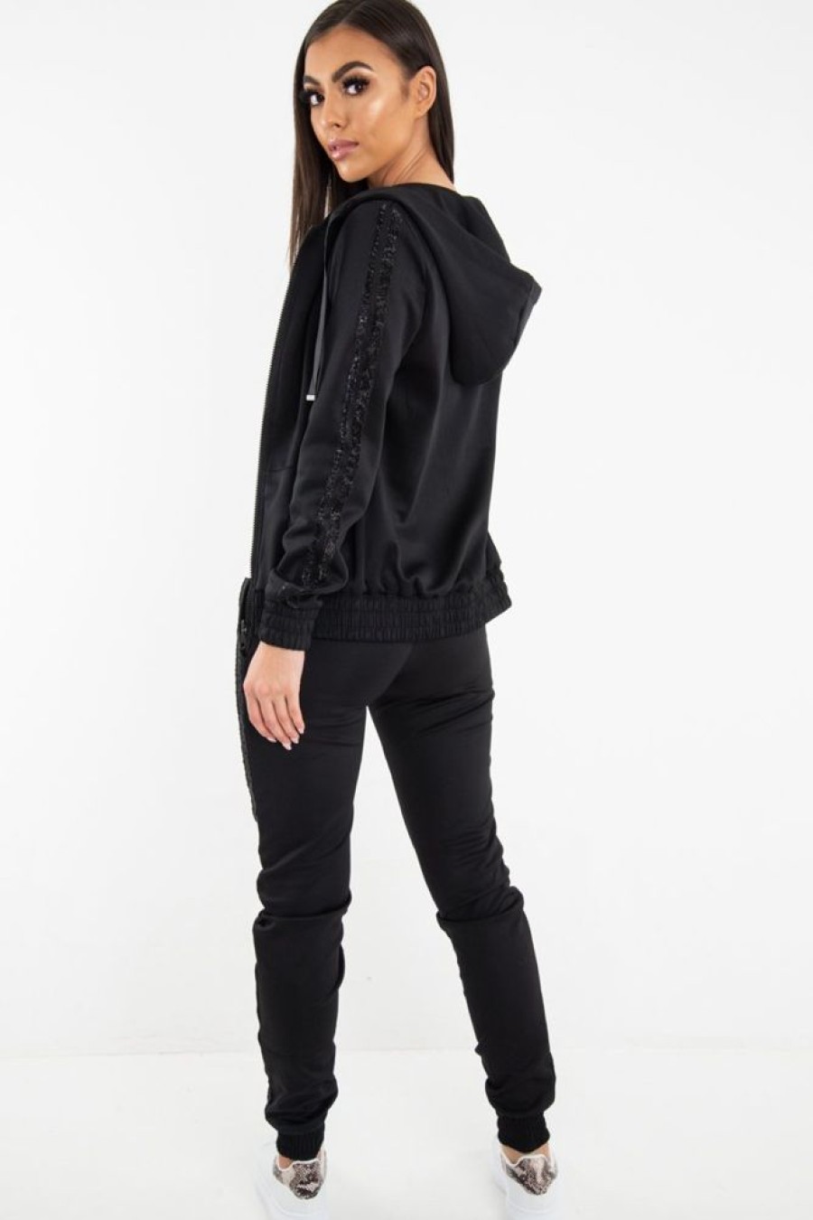 Clothing Rebellious Fashion | Black Glitter Side Stripe Crepe Tracksuit - Gionna