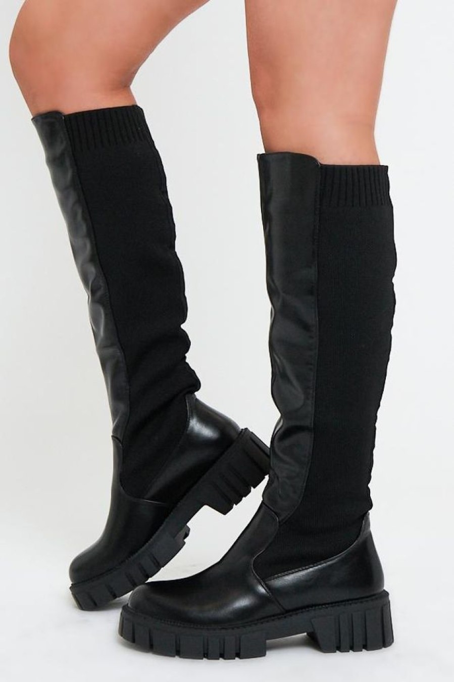 Shoes Rebellious Fashion | Black Pu Faux Leather Knee High Boots - Azel