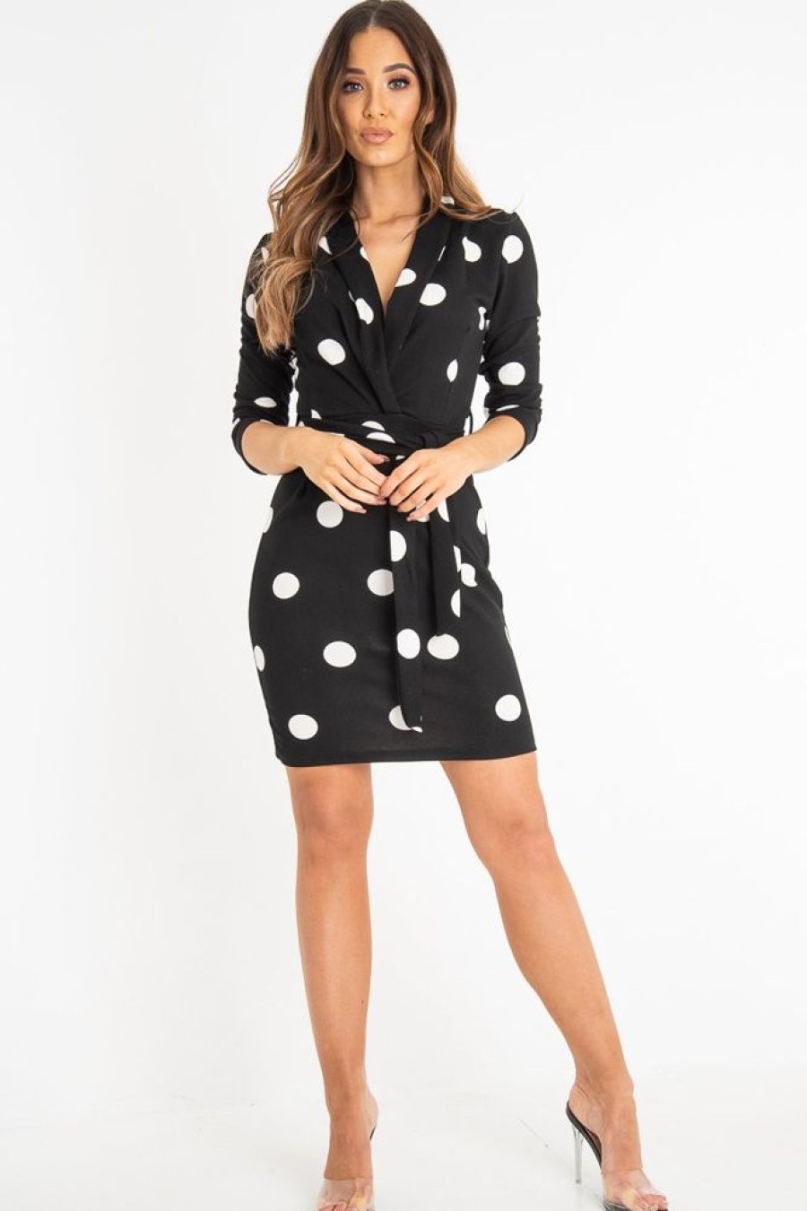 Clothing Rebellious Fashion | Black White Polka Dot Wrap Front Midi Dress - Daisy