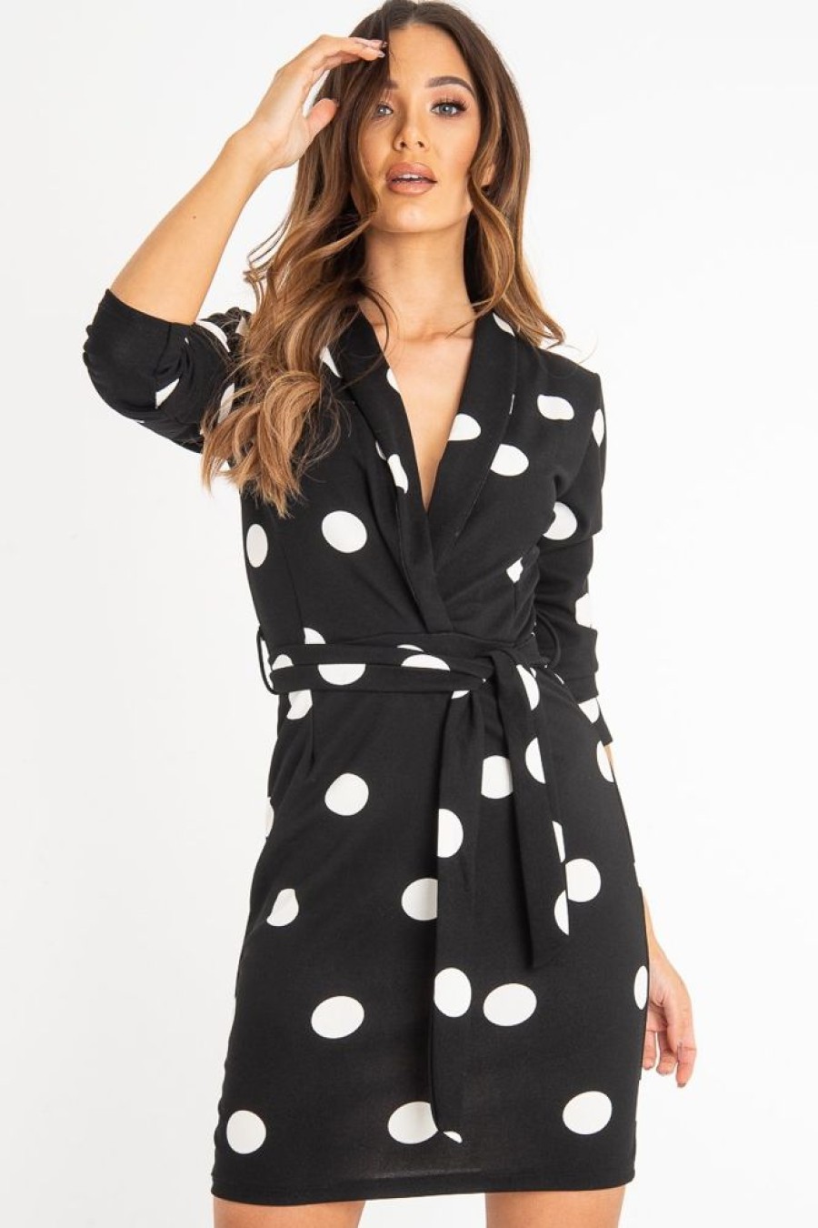 Clothing Rebellious Fashion | Black White Polka Dot Wrap Front Midi Dress - Daisy