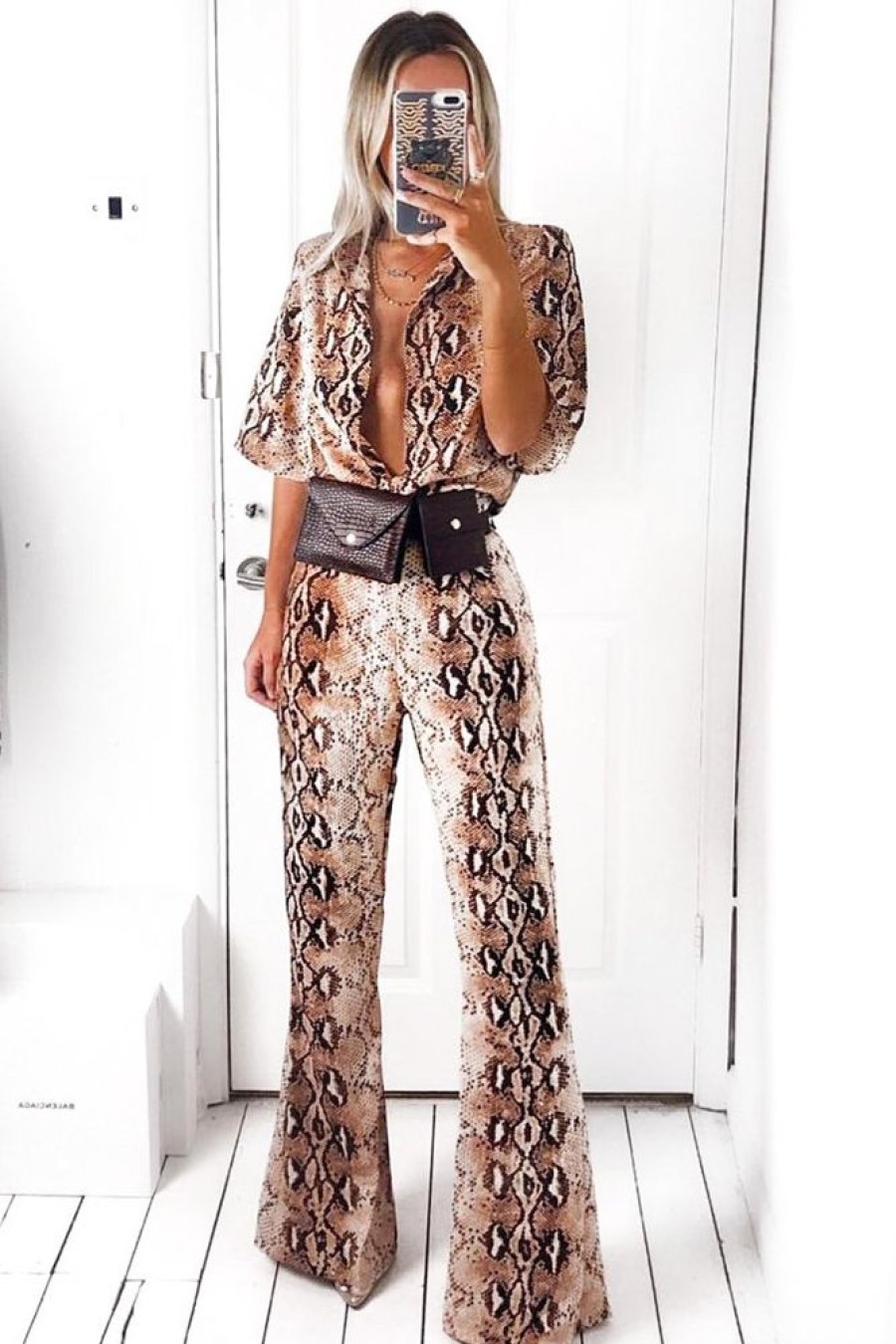 Clothing Rebellious Fashion | Apricot Snake Print Shirt And Flared Trousers Co-Ord - Fryda