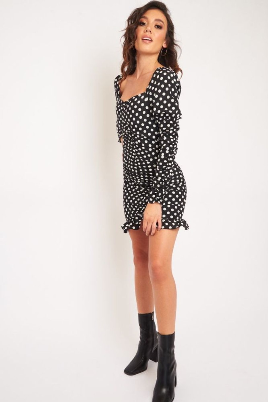 Clothing Rebellious Fashion | Black Polka Dot Ruched Milkmaid Dress - Neave